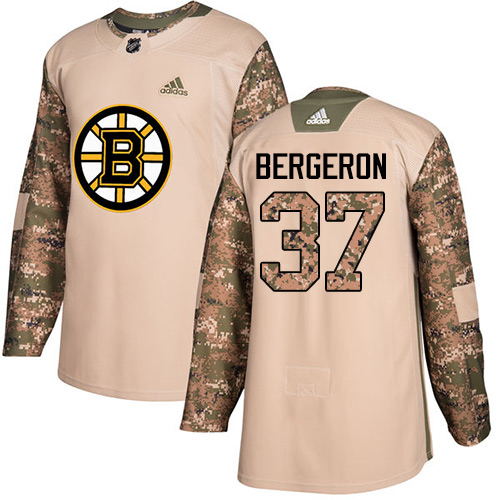 Adidas Bruins #37 Patrice Bergeron Camo Authentic Veterans Day Youth Stitched NHL Jersey - Click Image to Close
